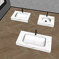Modern Bathroom Washbasins With White Marble Design And Chrome Faucets On Wooden Floor
