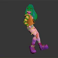 Colorful Anime Character With Blue Hair Green Striped Top Orange Vest And Purple Platform Shoes