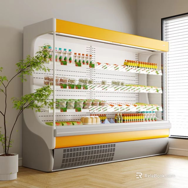 Modern Display Refrigerator Yellow White Design With Multiple Shelves Stocked Bottled Drinks And Packaged Foods 3d model 