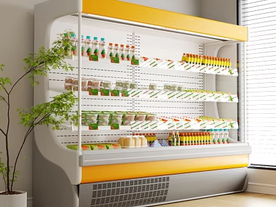 Modern Display Refrigerator Yellow White Design With Multiple Shelves Stocked Bottled Drinks And Packaged Foods 3d model