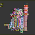 Industrial Equipment Installation With Complex Piping Structural Framework And Red White Striped Tower