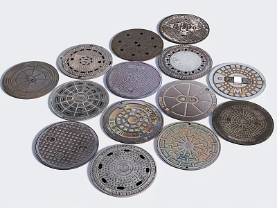 Urban Road Infrastructure Components Featuring Various Designed Manhole Covers For Drainage Systems 3d model