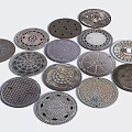 Urban Road Infrastructure Components Featuring Various Designed Manhole Covers For Drainage Systems 3d model