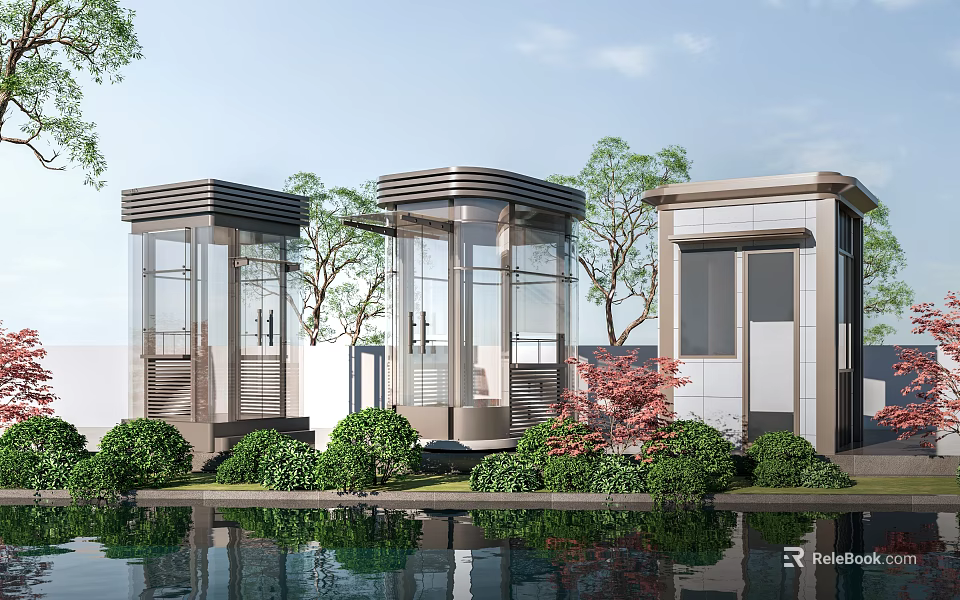 Modern Security Booth With Glass Structure And Water Reflection Surrounded By Trees And Shrubs 3d model 