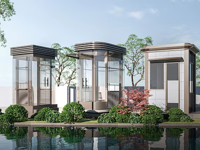 Modern Security Booth With Glass Structure And Water Reflection Surrounded By Trees And Shrubs 3d model