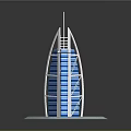 Cartoon Scene Featuring Sail Shaped Building With Blue White Stripes Green Lawn And Surrounding Water