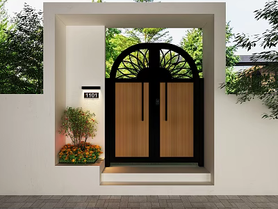 Modern Gate Featuring Black Frame Wooden Panels Arched Top White Wall Greenery Flowers House Number 3d model