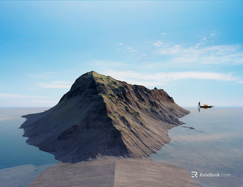 Scenic View of Isolated Island With Calm Water Clear Sky Green Vegetation and Small Boat 3d model 