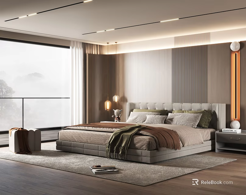 Modern Bedroom Interior Design With Large Bed Floor To Ceiling Window And Soft Lighting 3d model 