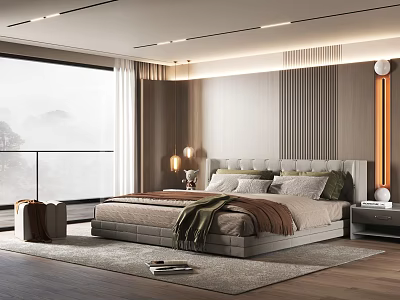 Modern Bedroom Interior Design With Large Bed Floor To Ceiling Window And Soft Lighting 3d model