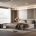 Modern Bedroom Interior Design With Large Bed Floor To Ceiling Window And Soft Lighting 3d model