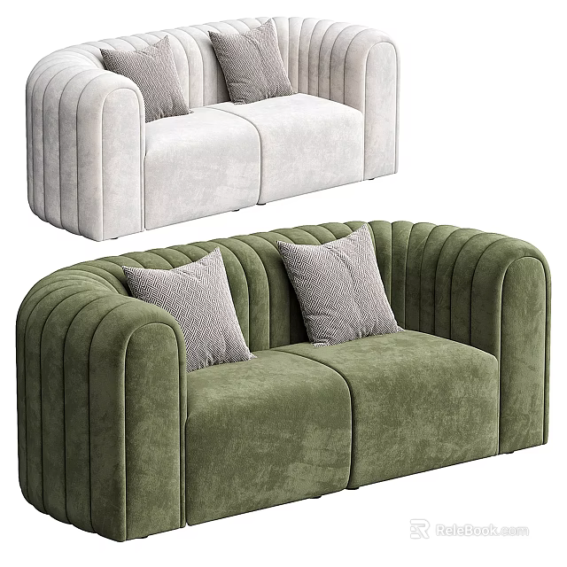 Green And White Velvet Two Seater Sofa With Pleated Design And Grey Cushions 3d model 