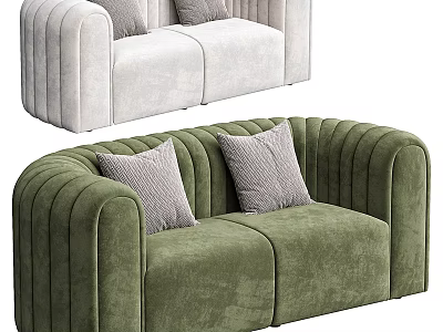 Green And White Velvet Two Seater Sofa With Pleated Design And Grey Cushions 3d model