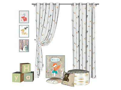 Kids Room Curtains With Animal Prints And Building Blocks Storybooks Stuffed Toy 3d model