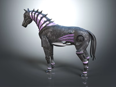 Futuristic Mechanical Horse With Metallic Body Purple Stripes And Gear Joint Details 3d model