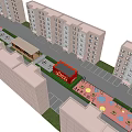 Scenic Residential Landscape With Green Trees Wooden Benches And Colorful Pathway By Buildings