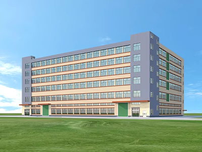 Modern Multistory Office Building With Large Windows And Green Lawn Front 3d model