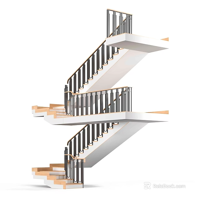 Modern Contemporary Multilevel Interior Staircase With Black Railings And Light Wooden Steps 3d model 