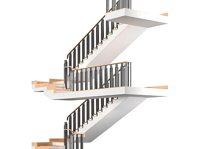 Modern Contemporary Multilevel Interior Staircase With Black Railings And Light Wooden Steps 3d model