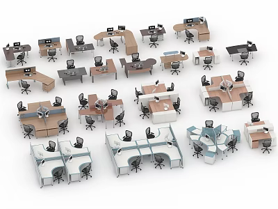 Modern Office Desks With Various Designs Ergonomic Chairs And Different Shapes 3d model