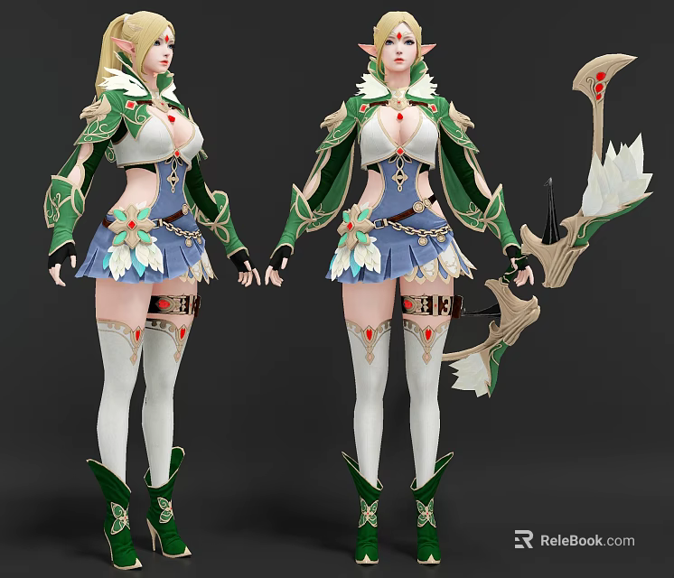 Fantasy Female Elf Character with Blonde Hair Green White Outfit Leaf Decorations and Bow 3d model 