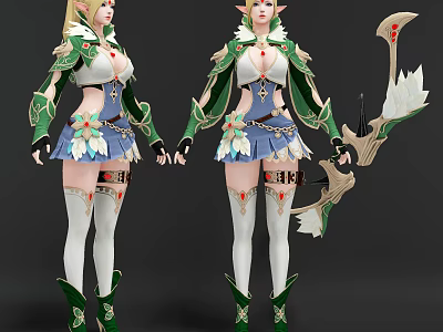 Fantasy Female Elf Character with Blonde Hair Green White Outfit Leaf Decorations and Bow 3d model