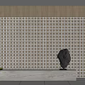 Modern Interior With Wooden Grid Screen Stone Ornament And Marble Table 3d model
