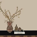 Terracotta Patterned Vase With Dried Flower Branches Small Ceramic Bottles On Black Table Beige Wall