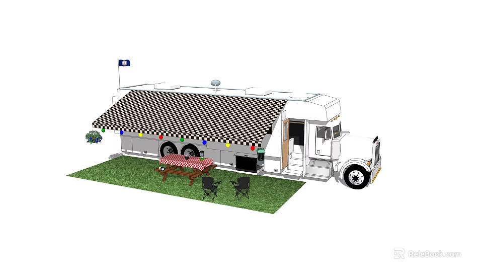 Recreational Vehicle With Checkered Awning Outdoor Red Table Black Chairs On Green Grass 3d model 