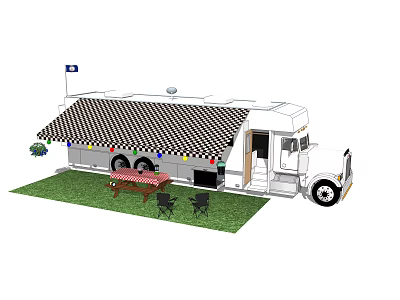 Recreational Vehicle With Checkered Awning Outdoor Red Table Black Chairs On Green Grass 3d model