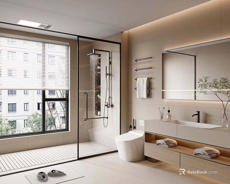 Modern Bathroom Interior Design With Glass Shower Enclosure Free Standing Bathtub And Large Mirror 3d model 