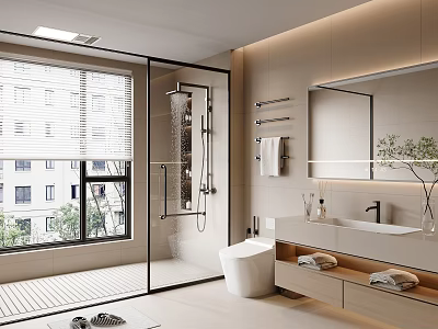 Modern Bathroom Interior Design With Glass Shower Enclosure Free Standing Bathtub And Large Mirror 3d model