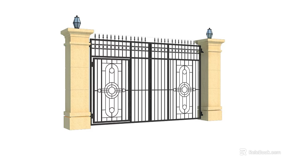 Wrought Iron Entrance Gate With Beige Pillars Decorative Lamps And Ornate Patterns 3d model 