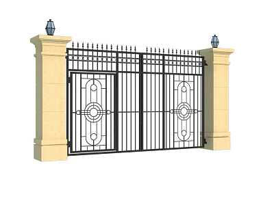 Wrought Iron Entrance Gate With Beige Pillars Decorative Lamps And Ornate Patterns 3d model