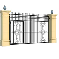 Wrought Iron Entrance Gate With Beige Pillars Decorative Lamps And Ornate Patterns