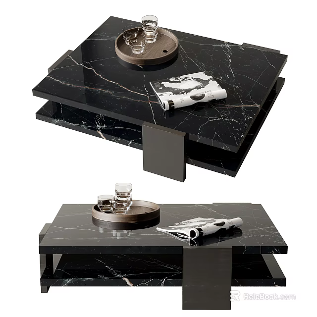 Black Marble Coffee Table With Layered Design Glass Tray And Magazines 3d model 
