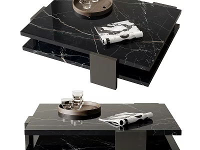 Black Marble Coffee Table With Layered Design Glass Tray And Magazines 3d model