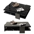 Black Marble Coffee Table With Layered Design Glass Tray And Magazines