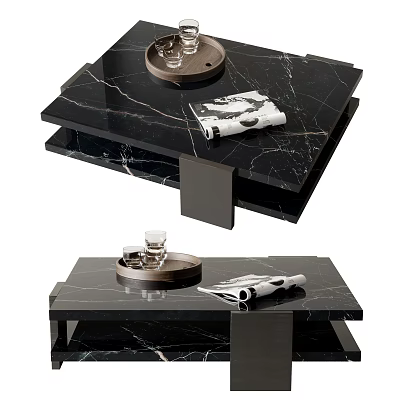 Black Marble Coffee Table With Layered Design Glass Tray And Magazines 3d model