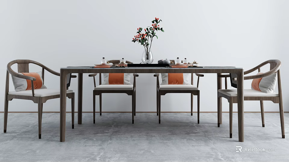 Modern Dining Table Set with Matching Chairs Orange Cushions Vase and Tableware 3d model