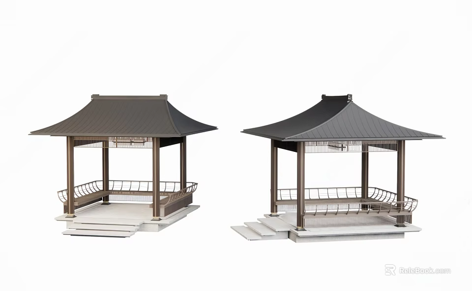 Traditional Chinese Pavilions With Sloped Roofs And Wooden Pillars On Platforms 3d model 
