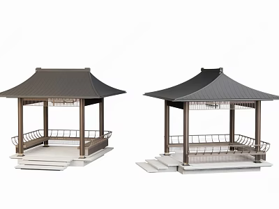 Traditional Chinese Pavilions With Sloped Roofs And Wooden Pillars On Platforms 3d model