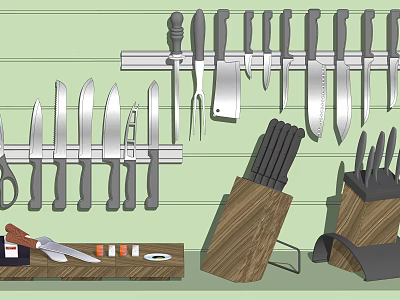 Essential Kitchen Tools With Wall Mounted Knife Rack Wooden Blocks Various Knives And Scissors 3d model