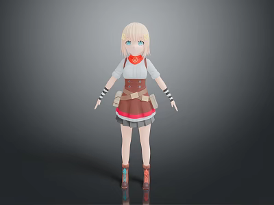 A Woman With Blonde Hair Red Scarf White Top Brown Skirt And Striped Socks 3d model
