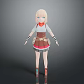 A Woman With Blonde Hair Red Scarf White Top Brown Skirt And Striped Socks