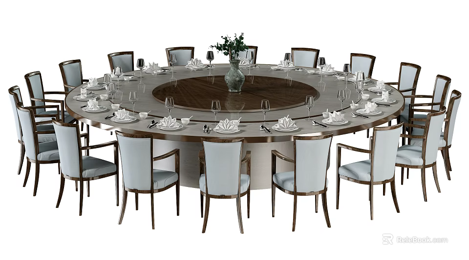 Round Dining Table Set with Light Gray Upholstered Chairs and Tableware Vase 3d model