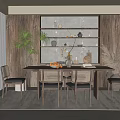 Rustic Wooden Restaurant Interior With Gray Marble Backdrop Open Shelves Green Plants And Dining Table Setup 3d model