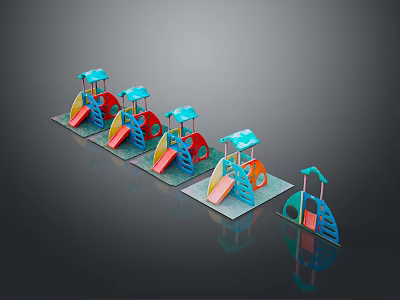 Colorful Children's Playground Slides With Blue Canopies Red Yellow Sections And Multiple Units 3d model