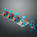 Colorful Children's Playground Slides With Blue Canopies Red Yellow Sections And Multiple Units