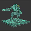 3D Mech Model Standing with Blue Orange Armor and Mechanical Weapon on Rock Base